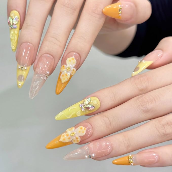 Extra Long Press on Nails Handmade Almond Nails with Glue,Nude Thick False Nails with Luxury Rhinestone 5D Flower Art Design Muti-Layer Gel Nail Press ons Handmade False Nails for Women (Size S)