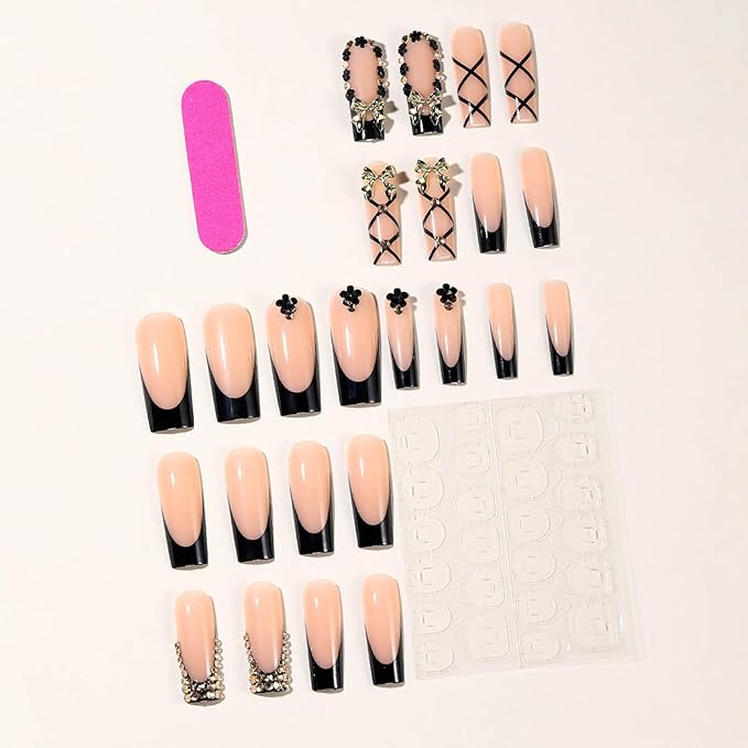 Black French Tip Press on Nails Long Square Fake Nails with Designs Square Nail Press ons Gold Bow False Nails Full Cover Artificial Stick on Acrylic Nails for Women 24Pcs