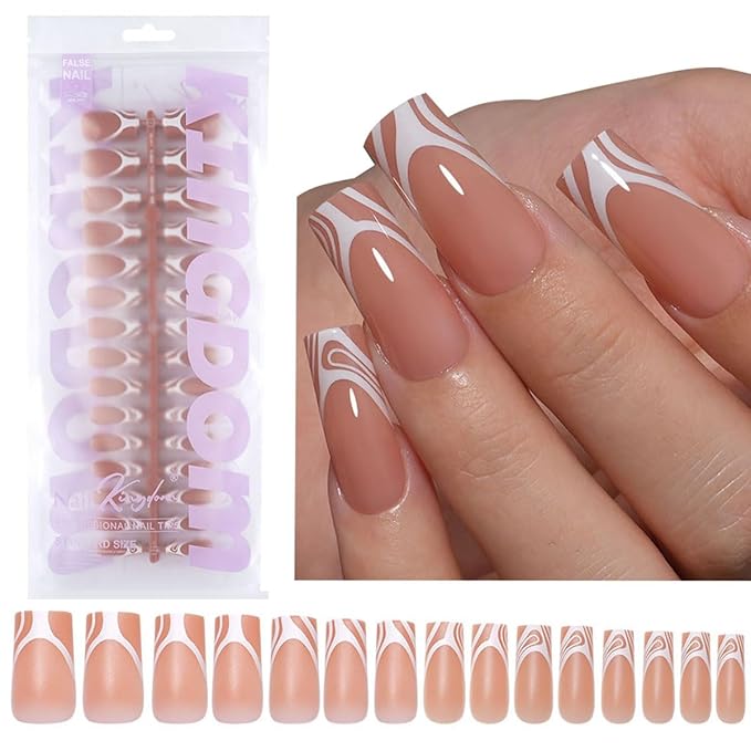 120 Pcs Medium Press on Nails Square French Tip Fake Nails with Stripe Design Full Cover Matte Stick on False Nails for Women 15 Sizes