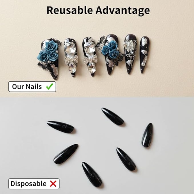 10pcs Handmade Press on Nails Long Stiletto False Nails Black Fake Nails with 3D Blue Flower Rhinestones Bow Designs Sparkly Charm luxury Artificial Nails Reusable for Women (Size M）