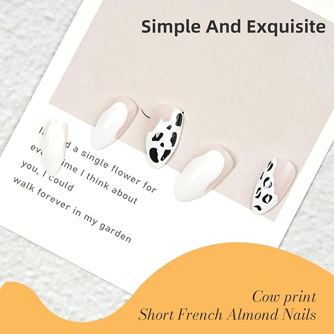 Press-On Nails Set, French Tip with Cow & Leopard Print, Medium Almond Shape, Reusable Fake Nails for Women