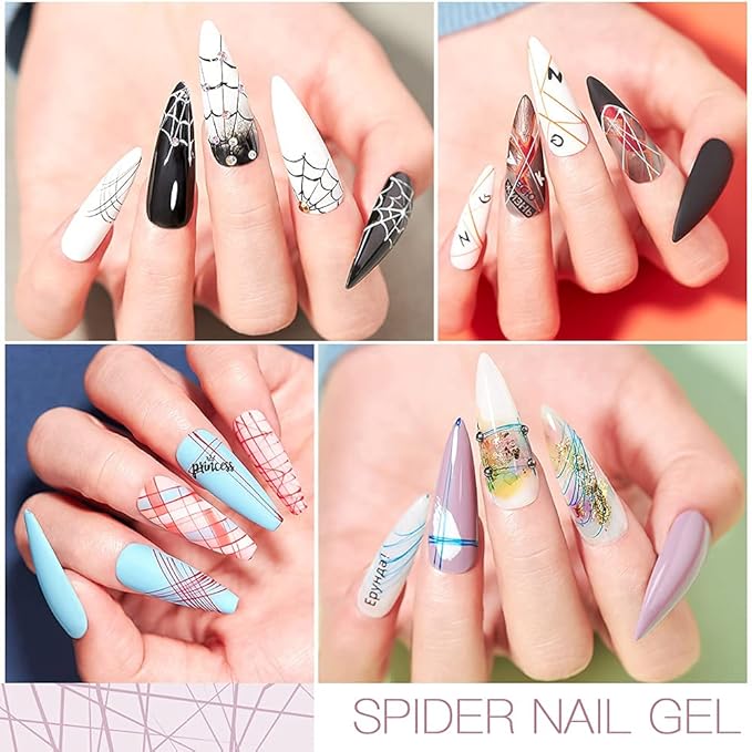 MEET ACROSS 12 Colors Spider Gel for Nail Art With Liner Brush, Soak off UV LED Elastic Drawing Gel, Nail Art Design Paint