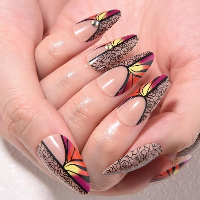 Nude Press on Fake Nails Medium Almond with Black Rose Design, Press on Nails Rheinston Design Reusable Manicure for Women Girls, Perfect Fit Stick on Nail Press ons Glossy Finish, 24Pcs
