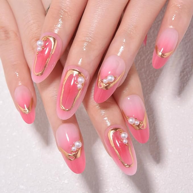 Pink Ombre Gold Frame Pearl Flower Press on Nails, Medium Almond Acrylic Fake Nails Design, Natural Reusable Nails Kit for Women DIY False Nail Art Decoration Gift, Salon Quality Reusable