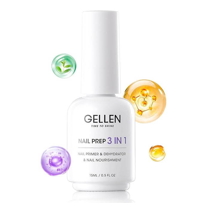 GELLEN Nail Primer and Dehydrator, 3-in-1 Acid-free Nourishing Nail Prep for Gel & Acrylic Nails, Gentle with Squalane VE Promote Health, 15ML 3s Air Dry Dehydrate Long-lasting Nails Art Supplies