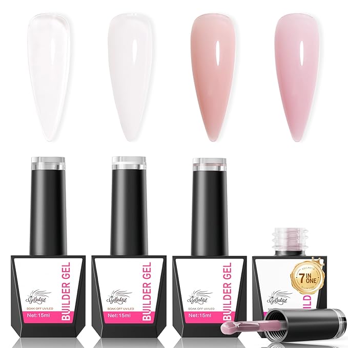 Builder Gel for Nails, 4X15ml 7 in 1 Builder Gel Nail Polish, LED Lamp Cured for Clear Rubber Base & Strengthener Extensions, Thickening, Repair (Clear, White, Nude, Pink)