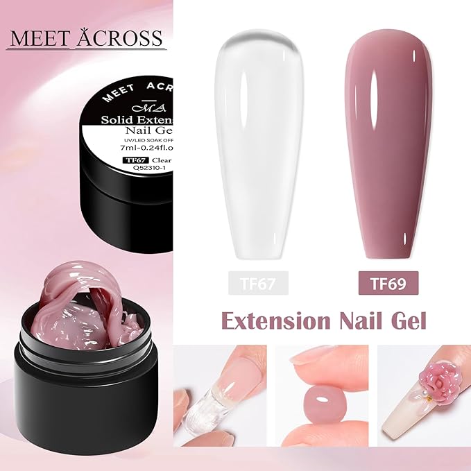 MEET ACROSS All-in-One Extension Mini Kit 2×7ml Non-Sticky Builder Gel Starter Kit WIth Base & Top Coat/Dual-Silicone Pen/Pro File/20-Pc Reusable Dual Forms Salon-Grade Extensions (Clear+Nude)