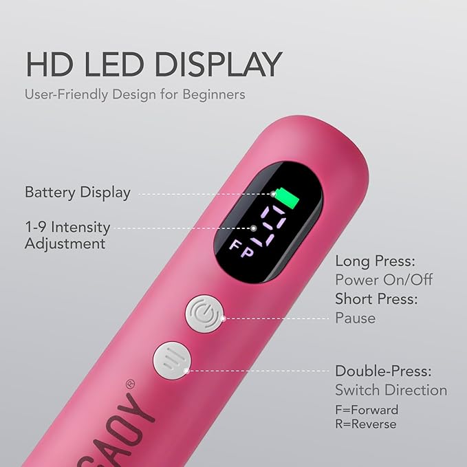 GAOY Cordless Nail Drill, Rechargeable Electric Nail File with LED Display, Lightweight Low-Noise Manicure & Pedicure Tool for Gel Removal, Acrylic Nails & DIY Home Use, Hot Pink