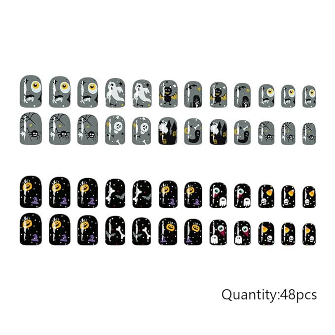 2 Packs 48Pcs Halloween Press on Nails Short Square Fake Nails Ghost Acrylic Nails with Eye Bat Pumpkin Designs Gray Black Glue Stick on Nails for Women Girls Festival Decoration