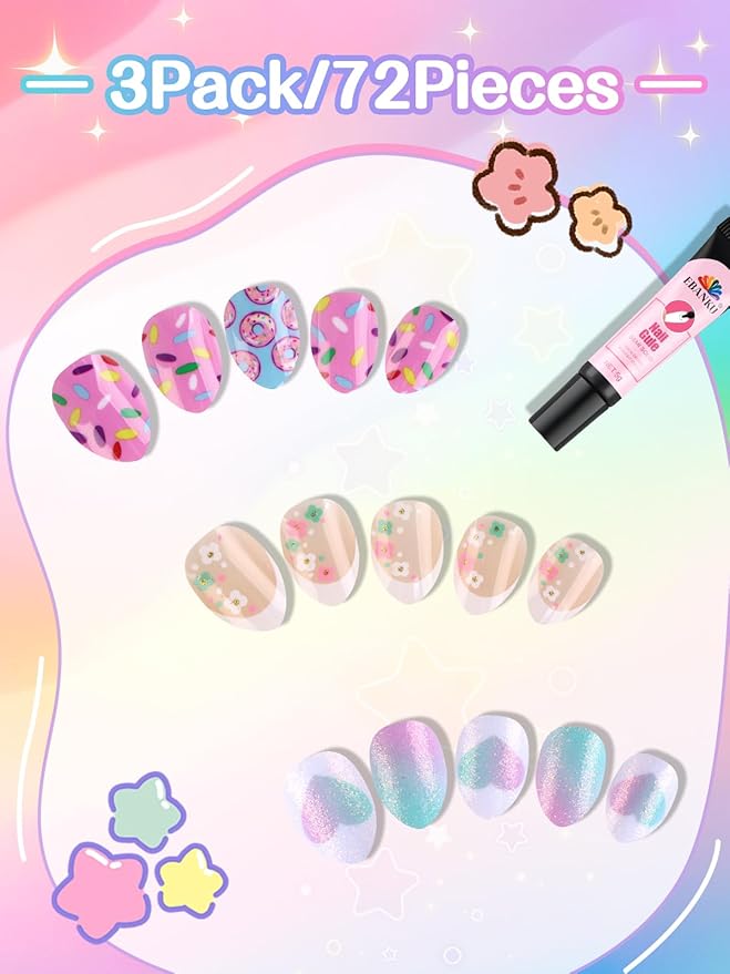 EBANKU Press on Nails Kid, 72Pcs Almond Fake Nails Kid Flower Heart Acrylic Nails with Nail Glue for Girl Home Decor