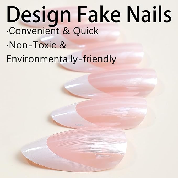 French Tip Press on Nails - Medium Almond Fake Nails - Chrome Design Full Cover Stick on False Nails - for Women 24 Pcs