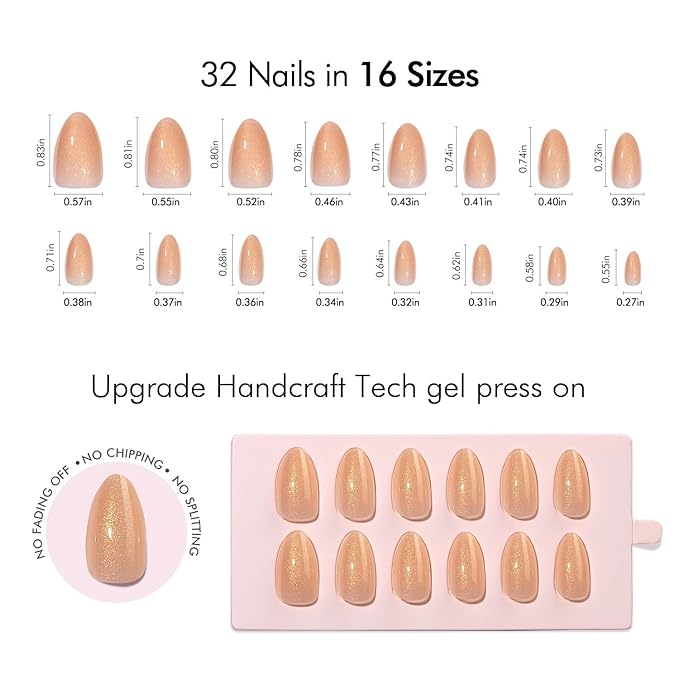 VSALON Press On Nails Short Almond, Light Apricot Gold Glitter Shimmer Sparkle Nails, Salon Quality Fake Nails Kit - 32 PCS Stick on Nails in 16 Sizes with UV Glue & Cuticle Oil
