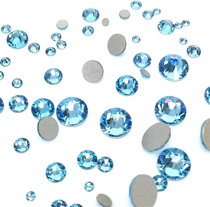 Aquamarine (202) 144 pcs Austrian 2058/2088 Crystal Flatbacks Lake Blue Rhinestones Nail Art Assorted Mixed Sizes ss5, ss7, ss9, ss12, ss16, ss20, ss30 Made in Austria Crystal-Wholesale