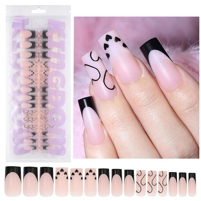 Black French Tip Press On Nails Medium Square Fake Nails with Heart Design Full Cover Matte Stick on False Nails for Women 120pcs 15Sizes