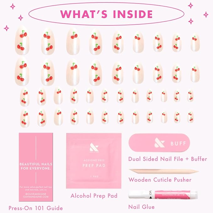 Olive & June Maximalist Instant Mani Press-On Nails (Glue) | 42 Fake Nails, 21 Sizes | Non-Toxic, Long-Lasting Big, Bold Gorgeous | Salon-Quality at Home | Medium, Almond | Puffy Cherry Sharp French