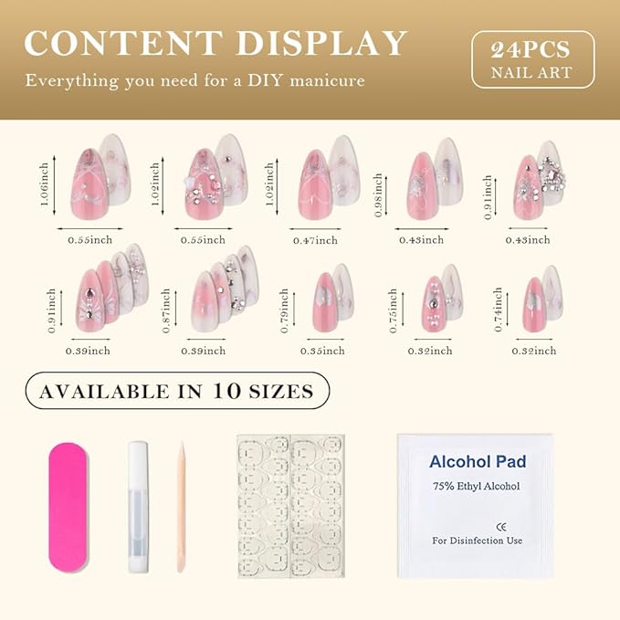 evpct 3D White Pink Handmade Press On Nails Almond Medium, 3D Crystal Heart Design Fake Nails Rusable for Spring & Summer Daily Wear, False Acrylic Nail with Kits Press ons Nail for Women Gift, 24Pcs