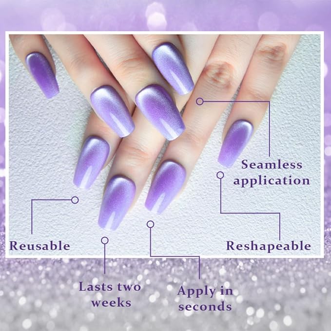 evpct Violet Purple Cat Eye Coffin Press on Nails Square Medium, Medium Square Stick on Nail for Women Gift, Purple Metallic Glitter Glossy Reusable Soft Gel Press on Acrylic Fake Nail with Designs