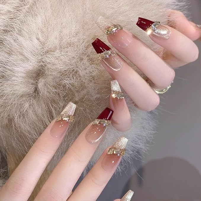 Press on Nails, Red Cat Eye False Nails with Gold Glitter, long ballerina Shape, 10 Pieces (Medium, LC)