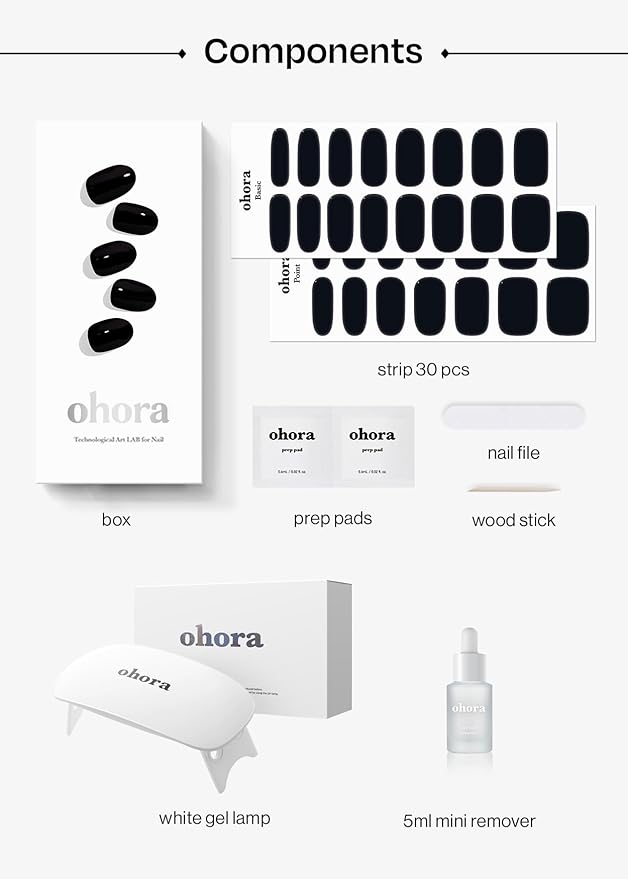 ohora Semi-Cured Gel Nail Strips Value Set (N Onyx Starter Kit) Includes Full Size Lamp and Mini Remover, Salon-Quality, Long Lasting, Easy to Apply & Remove