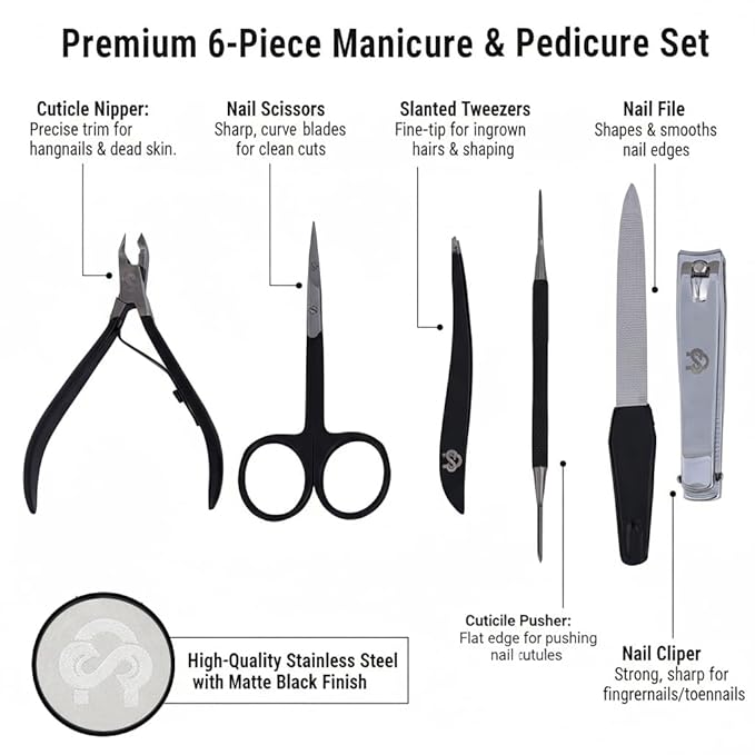 Professional Manicure Pedicure Set – Nail Clippers Kit with Cuticle Trimmer, Nail File, Scissors & Grooming Tools in Portable Travel Case for Men & Women - Black