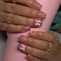 Short Press Leopard French Tip False Nails with Pink Glossy Bow Design - Glue on Nails Full Cover Stick on Nails - 24Pcs