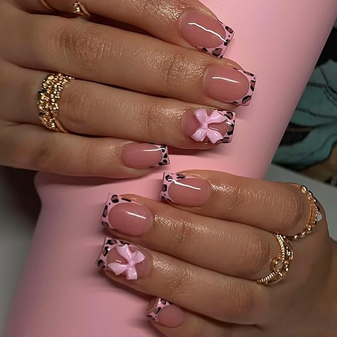 Short Press Leopard French Tip False Nails with Pink Glossy Bow Design - Glue on Nails Full Cover Stick on Nails - 24Pcs