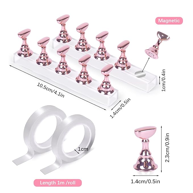 JUSTOTRY 2 Sets Pink Nail Painting Practice Stand With 1M Double-sided Tape Acrylic Fake Nail Art Holder For Press Ons Magnetic Nail Display Design Tools Kit Accessories For Home Diy Salon Supplies