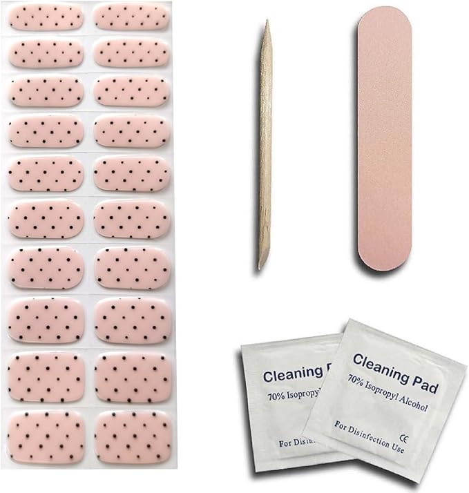 Semi Cured Gel Nail Strips - Black Polka Dot with Pink base, 20 Pcs DIY at Home Nail Art, UV/LED Lamp Required, Beginner Friendly & Salon Quality Manicure