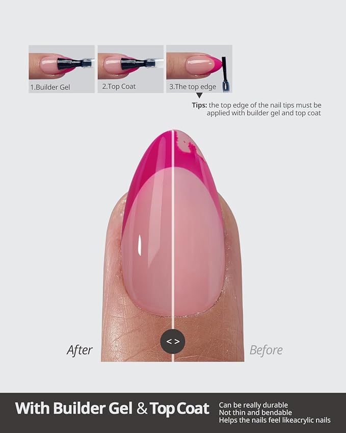 BTArtboxnails XCOATTIPS Pink French Tip Press On Nails - Extra Short Almond Press On Nails, Soft Gel Nail Tips,Soak Off Pink Acrylic Fake Nail Extension in 16 Sizes