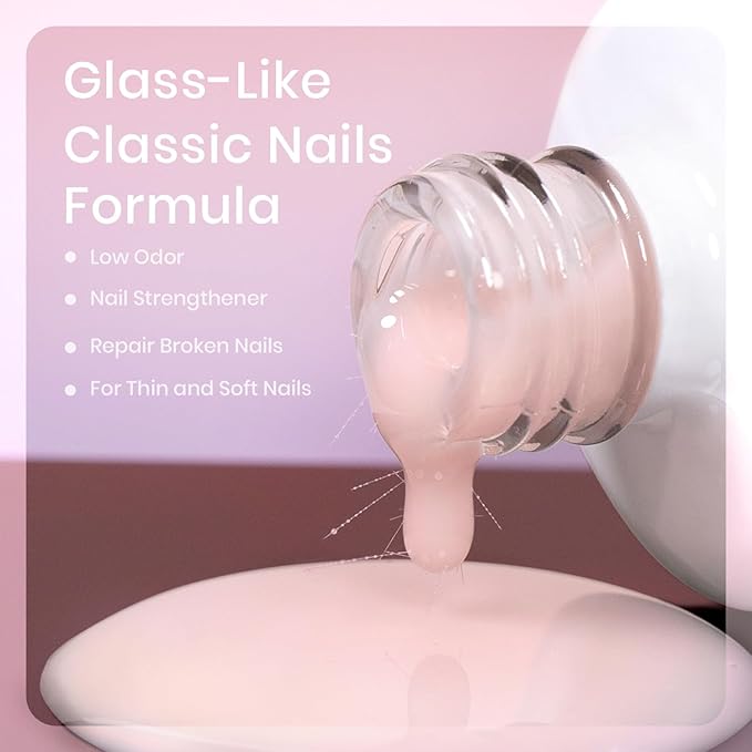 RARJSM Nude Bubble Pink Fiber Glass Rubber Base Gel Nail Polish for Repair Broken Nails StrengthenerGel Base Coat Transparent Brush on Building Gel in a Bottle Soak Off UV LED Curing Requires 15ml