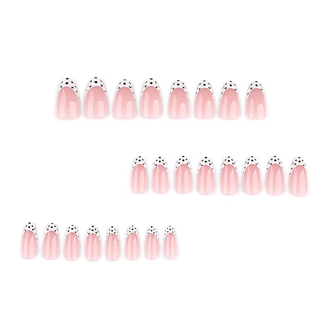 French Tip Press on Nails Polka Dot Fake Nails Almond Medium False Nails Cute Glue on Nails Reusable Acrylic Nail Glossy full Cover Stick on Nail for Women Manicure Deco 24Pcs