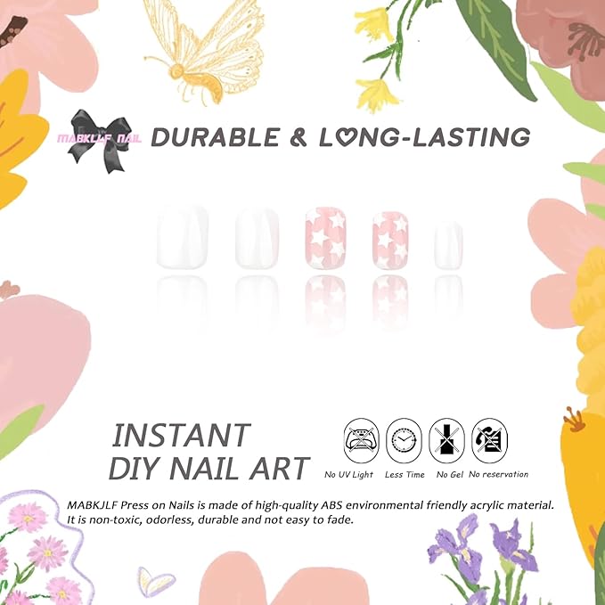 Press on Nails Short Square MABKJLF White Fake Nails False Nails with White Stars Designs Full Cover Glossy Glue on Nails Cute Stick on Nails for Women Girls 24 Pcs