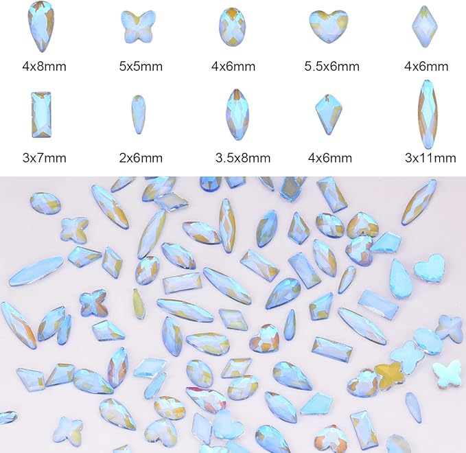 100pcs Aurora Blue ab Nail Art Rhinestones 10 Shapes Small Flatback Stones Mix Heart Butterfly Shaped Crystals Charms Accessory for Nail Decor Bulk Pack