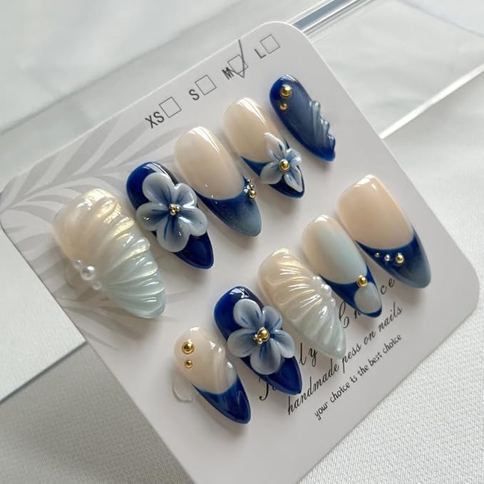Press On Nails - Luxury Medium Almond 3D False Nails Women Reusable ABS Material Finger Printed Nail Tip French Salon Design Artificial Fingernail (Size M)