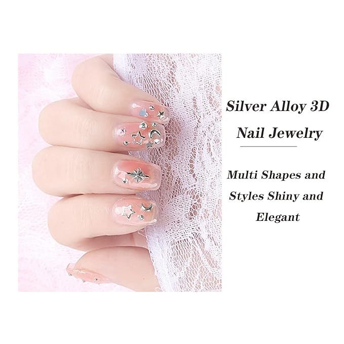 3D Nail Charms CXUEMH 6 Boxes 72 Grids Nail Rivets Set Metallic Nail Art Stickers Nail Jewelry Decorations Multiple Shapes Silver Star Metal Nail Studs Decals DIY Nail Accessories (silver)