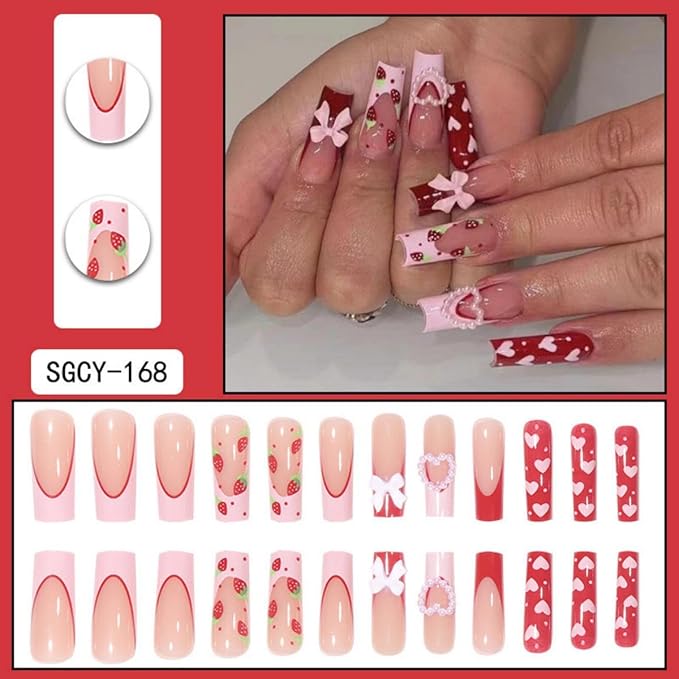 Strawberry Press on Nails Long Square Fake Nails - 3D Bow Heart Charms Design Pink French tips False Nail Red Spring Nails Glossy Reusable Summer Nail for Women Manicure 24pcs