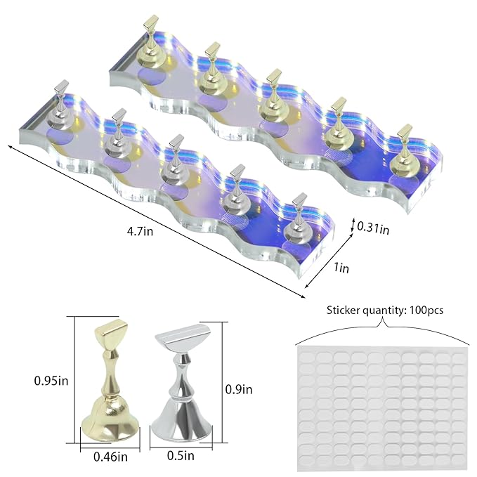2 Sets Nail Stand for Press Ons Magnetic Acrylic Nail Holder with 100 Pcs Reusable Double Sided Stickers,for Artistic Nail Display Stand Home and Nail Salon Supplies, Sea Blue