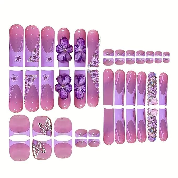 48Pcs Square Press on Nails Long & Press on Toenails Set, Purple Flowers Fake Nails Short Press on Toe Nails with 3D Flower Star Charms French Acrylic Toenails Kit for Women Manicure