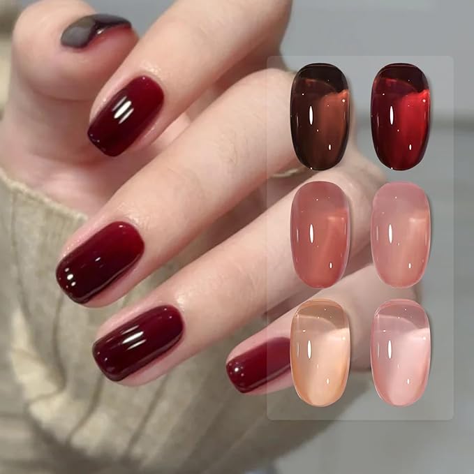Born Pretty Jelly Gel Nail Polish Transparent Nude Pink Red Brown Burgundy Blood Wine Red 6 Colors Sheer Gel Polish Kit for Salon Manicure and Nail Art DIY at Home