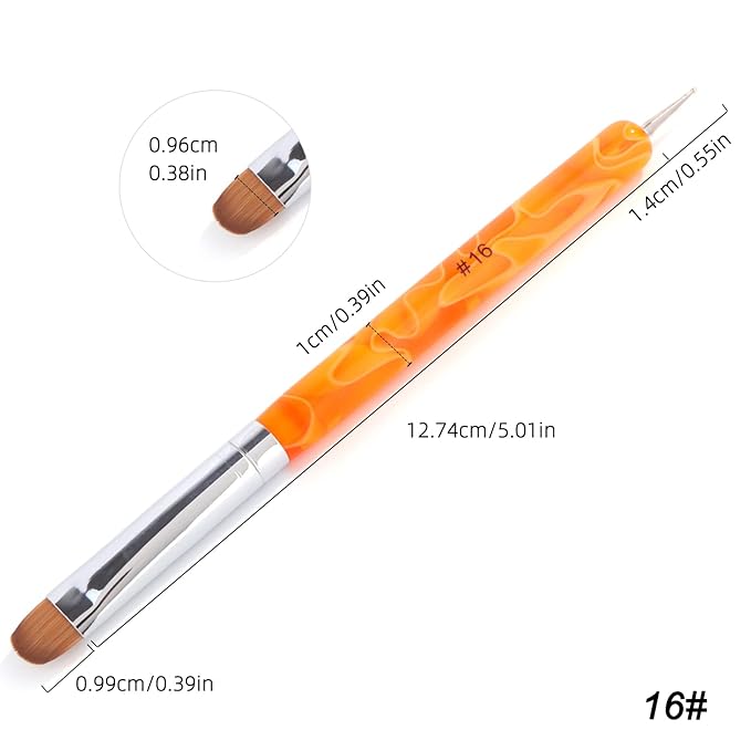 French Manicure Brush - Two Way Nail Art Brush with Dotting Tool for Cuticle Clean Up & Design - Professional Salon Quality, Dotting Pen (16#, Orange)