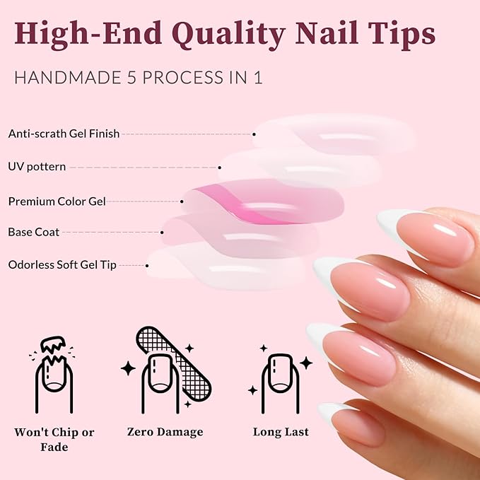 120PC White French Tip Press on Nails Medium Fake Nails Press ons with 5*Adhesive Tabs, Pink Almond Acrylic Nail Press on Nail French Tip Nails False Artificial Fingernails Stick on Nails-J