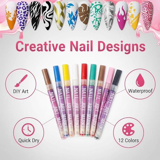 12 Colors Nail Art Pens Set, Nail Art Markers Nail Polish Pens for 3D Drawing Painting Liner Brush for DIY Nail Art Beauty Adorn Manicure Tools (Purple)