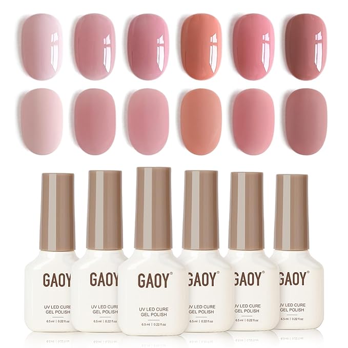 GAOY Pink Gel Nail Polish Set, 6 Colors Nude Jelly Pink, UV Light Cure Gel Polish for Nail Art DIY at Home