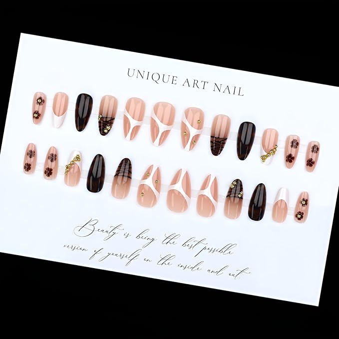 Leopard Print Press on Nails Almond Fake Nails French Tip False Nails Flower False Nails with Gold Rhinestones Design Glossy Stick on Nail Medium Glue on Nail for Women Decoration Set 24Pcs