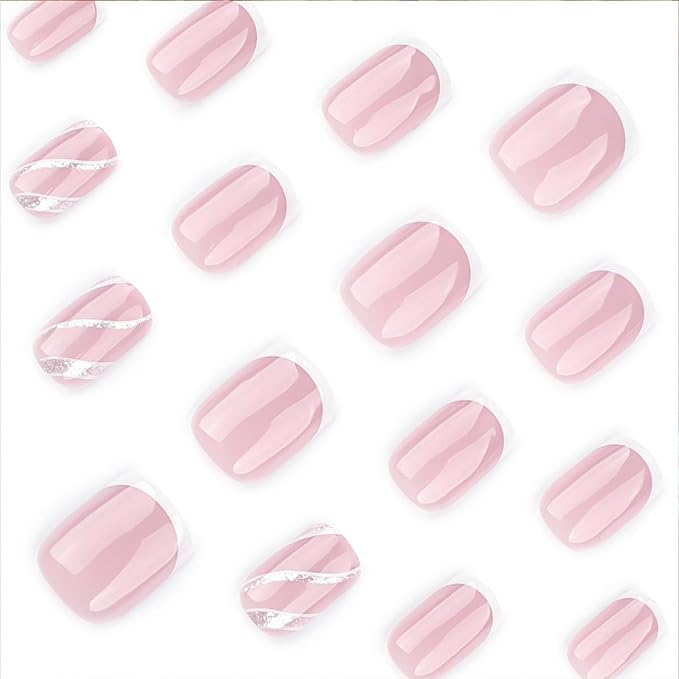 White French Tip Press on Nails Short Square Silver Lines Fake Nails Pink Stick on Nails Reusable Glossy Acrylic False Nails Press ons Artificial Glue on Nails for Women 24 Pcs
