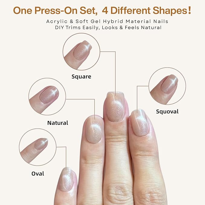 Nude Cat Eye Press on Nails Short Square, French Tip Short Square Glue on Nails for Women Gift, Reusable Soft Gel Press on Acrylic Nail with Designs 30Pcs(Nude)