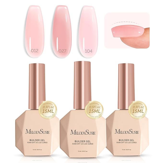 MelodySusie 3PCS 15ML Pink and Nude Pink Base Colors Builder Gel Set for Nails Thickening, Soak Off UV Extension Gel Rhinestone Glue in a Bottle for Nail Art Design Gift for Women DIY Manicure at Home