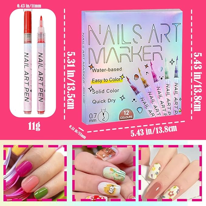 12 Colors Nail Art Pens Set, 2026 New Nail Marker, 0.7mm Quick-Drying Waterproof Polish Pens with Dotting Liner,Nail Art Tools for Graffiti Dotting Drawing Painting Point Liner DIY (1 Set)