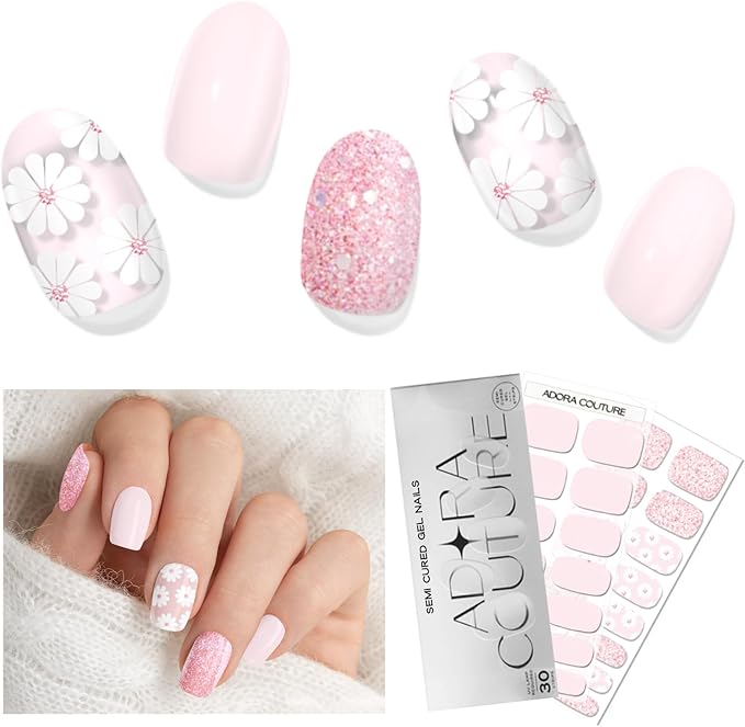 Semi Cured Gel Nail Strips with 30 Pieces - Salon Quality Manicure Kit for Women Easy Application Wraps Includes Prep Pads Nail File Wooden Stick, UV Light Required (Charming Daisy)