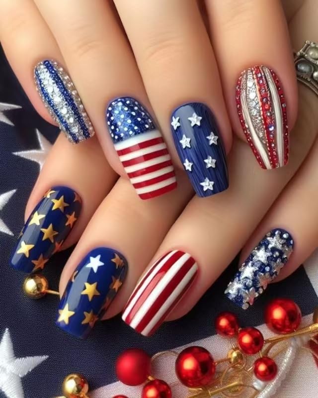 Press on Nails Independence Day Medium Length Fake Nails Red Stripe Glossy False Nails with 3D Star Designs 4th of July Reusable Acrylic Nails Square False Nails for Women Girls 24Pcs